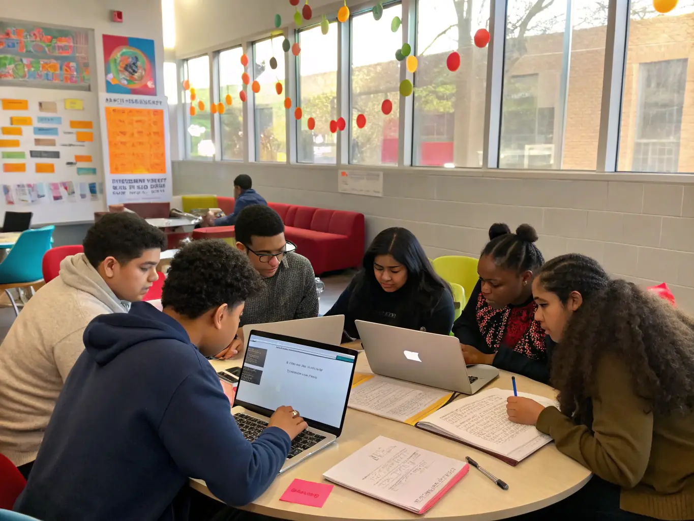 A diverse group of students collaborating on a media project in a modern classroom setting, showcasing teamwork and innovation.