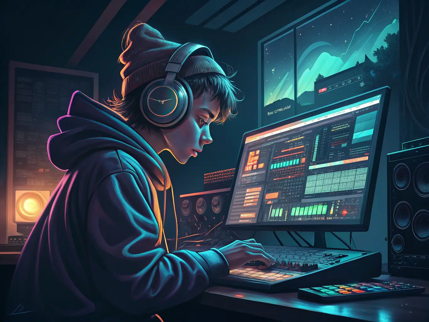 A student working diligently on a broadcast project in a well-equipped studio, highlighting the hands-on experience gained through MAH support.